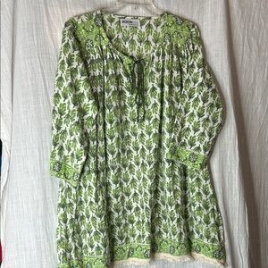 Modern Soul Leafy Green and White Fringed Tunic Cool Comfort Boho Loungewear